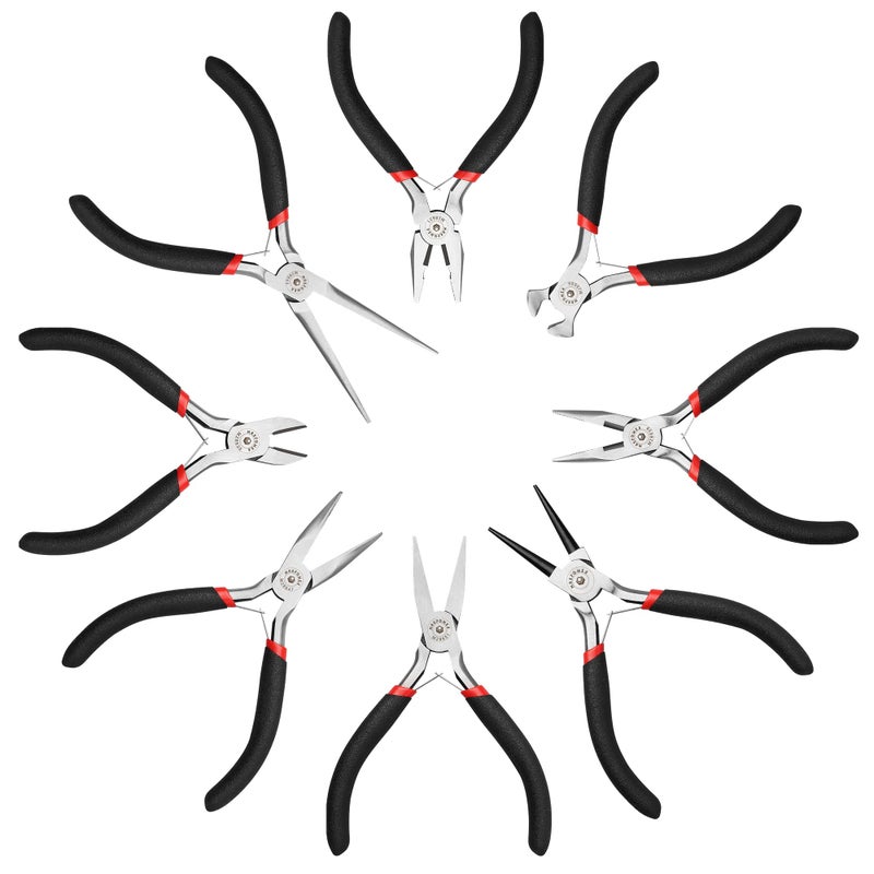 MAXPOWER Mini Jewelry Pliers Set - 8pc, Diagonal, End Cut, Bent, Combination, Flat, Needle, Round Nose (4.5-inch) - Image 1